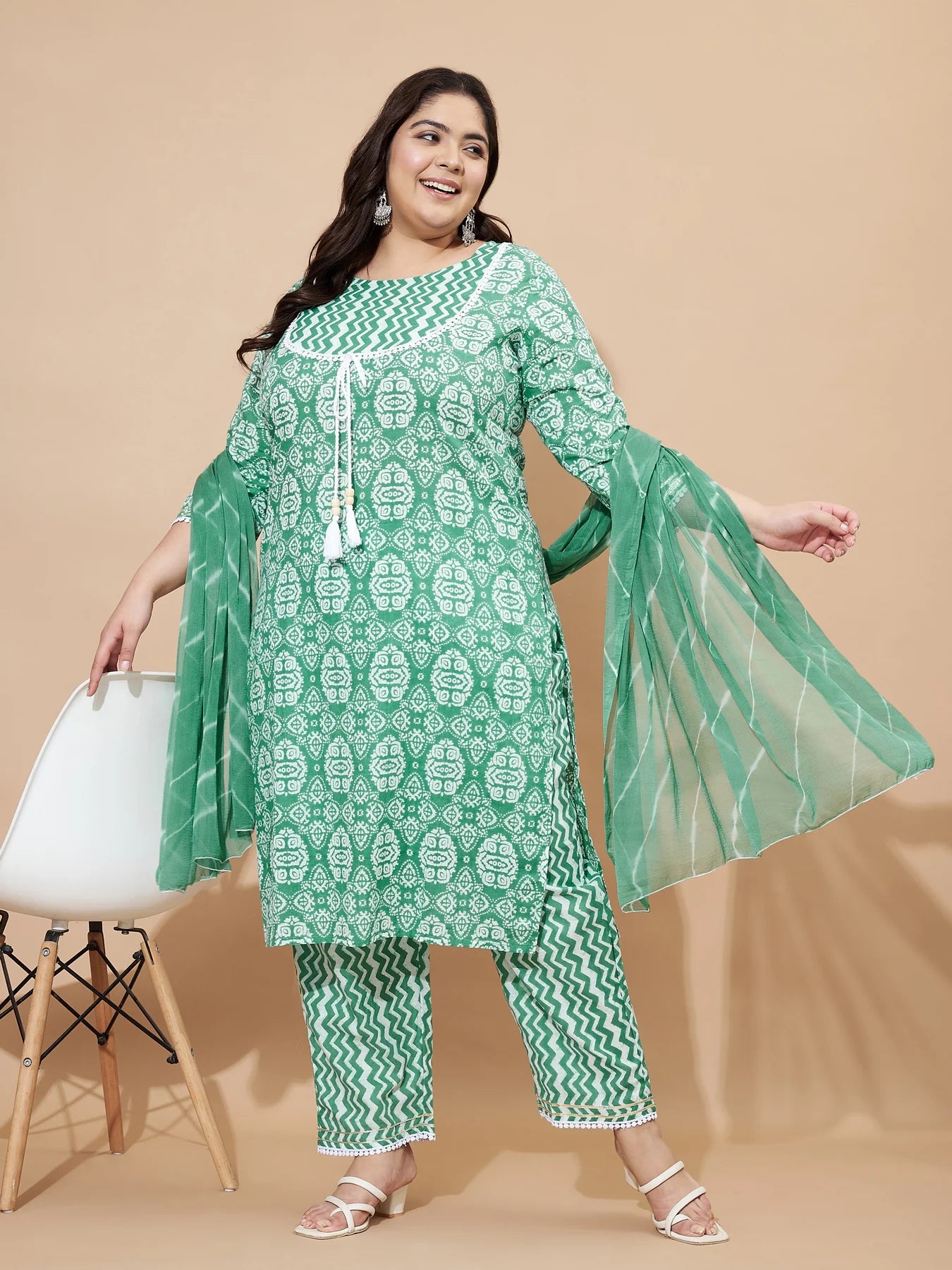 [ Ready SG Stock ] Plus Size Sea Green Printed & Delicate Lace Work Straight cut 3 Pcs Cotton Punjabi Suit with Dupatta [ Indian Dresses ]