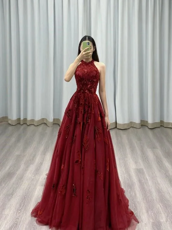 Burgundy Prom Dresses A line Halter Tulle Evening Dresses      cg25141