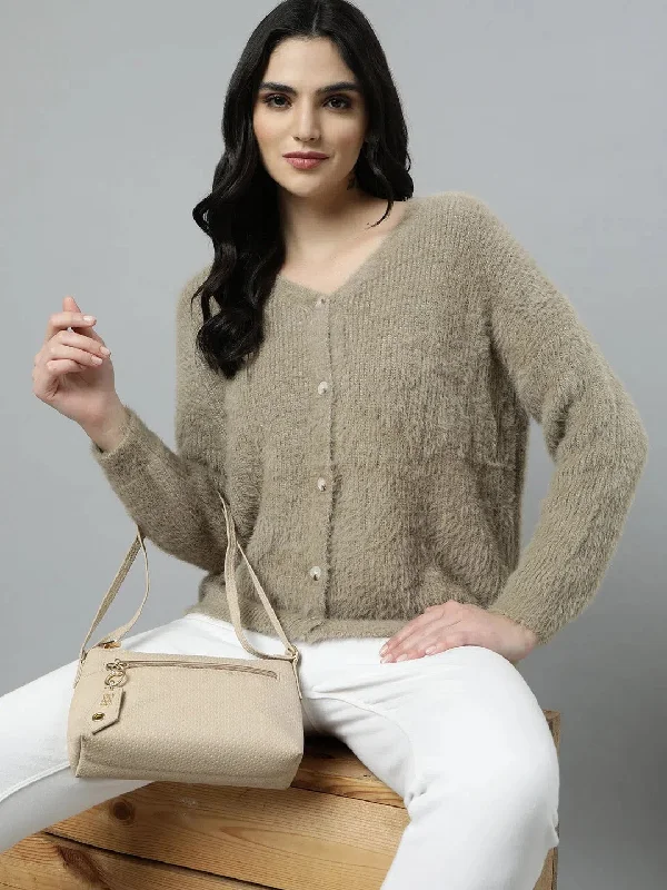 Women Solid Beige Cardigan-477-Beige Boxy Cardigan Fitted Cardigan A-Line