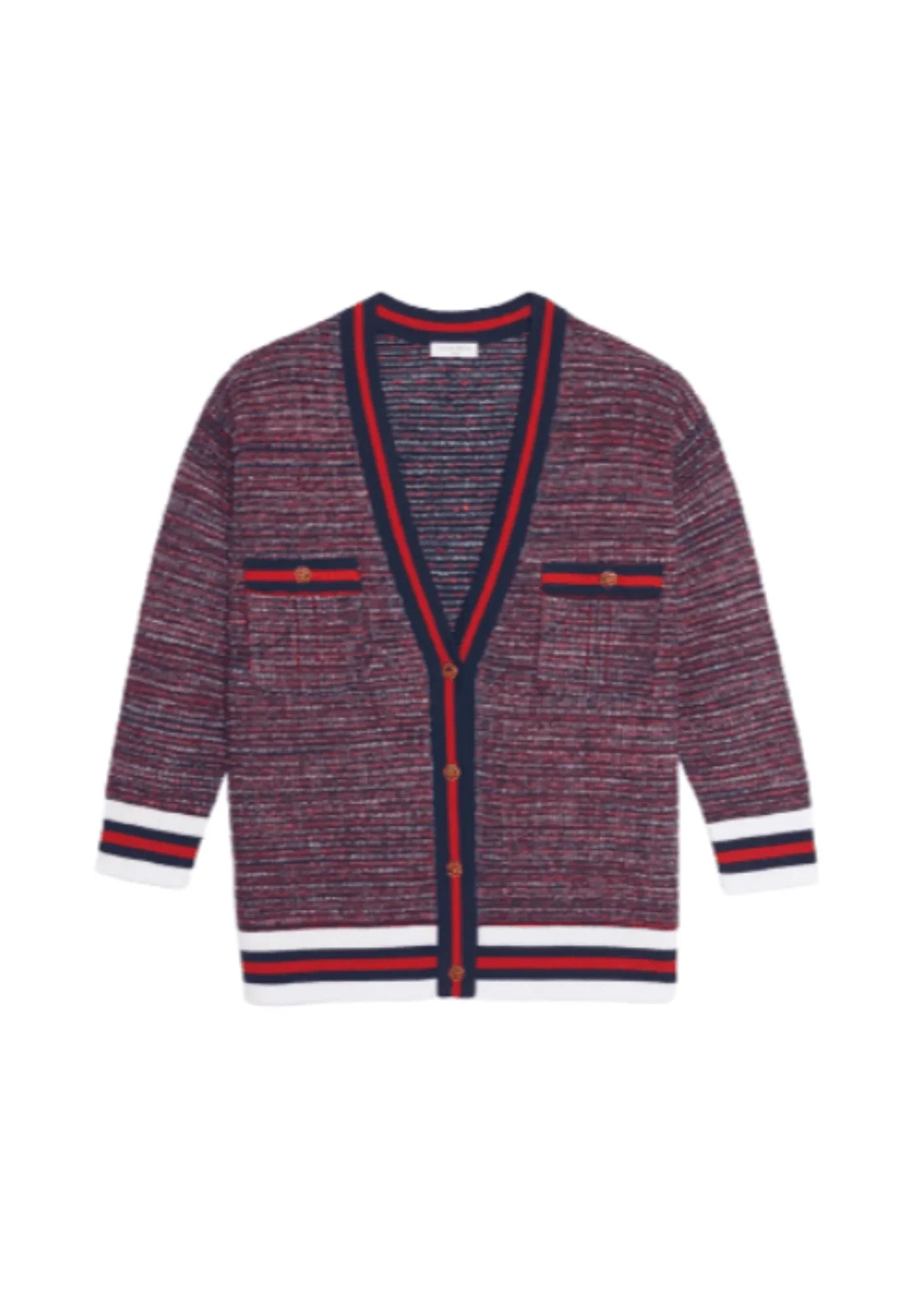 RED TWEED-EFFECT CARDIGAN Zippered Buttoned Snapped