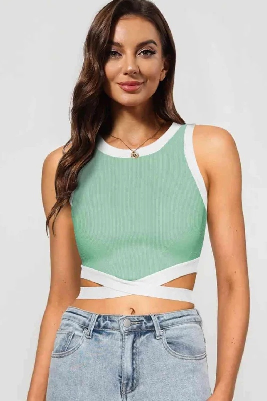 Contrast Tie Back Round Neck Tank breathable tank top