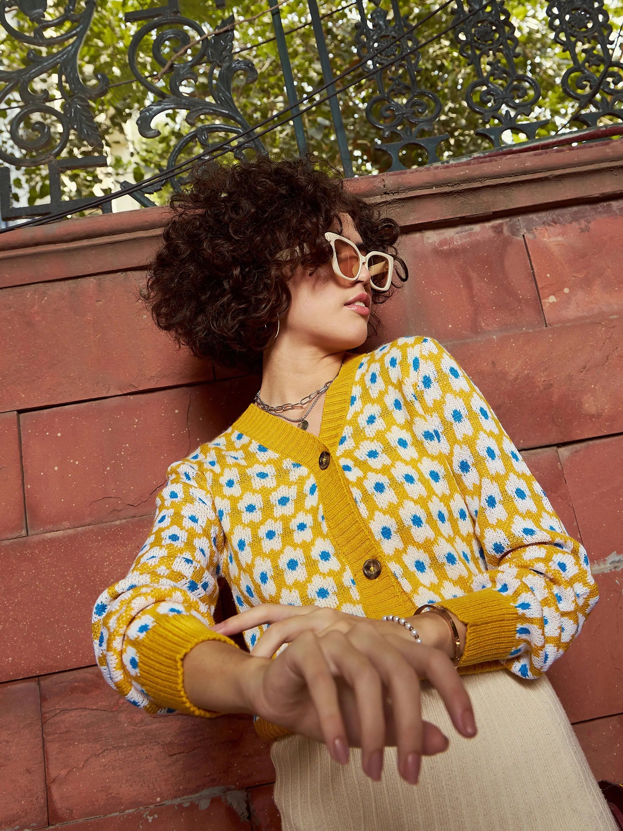 Women Mustard Floral Front Open Wool Cardigan Slim Fit Regular Fit Oversized