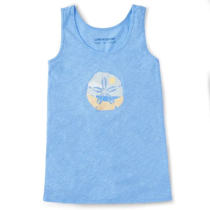 Life is Good. Women's Sand Dollar Beach Scene Textured Slub Tank, Cornflower Blue summer tank top