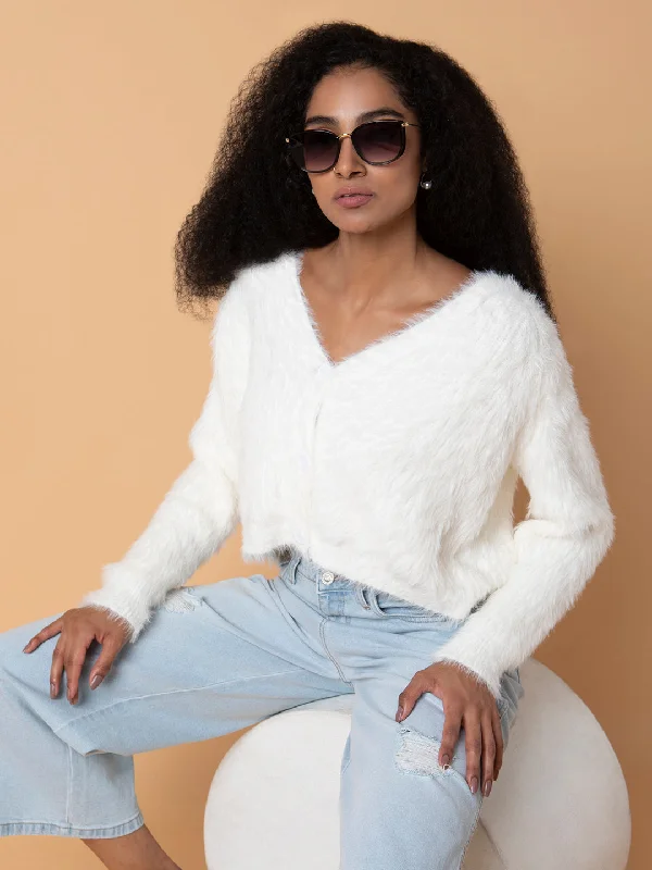Women Solid Off White Oversized Cardigan-9806-Offwhite Real Fur Shearling Chenille