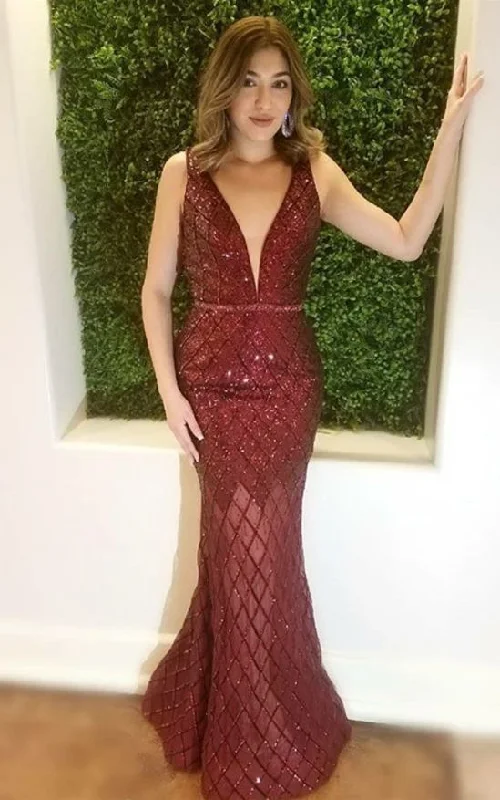 Mermaid Deep V-Neck Long Burgundy Prom Dress With Sequins     cg17341