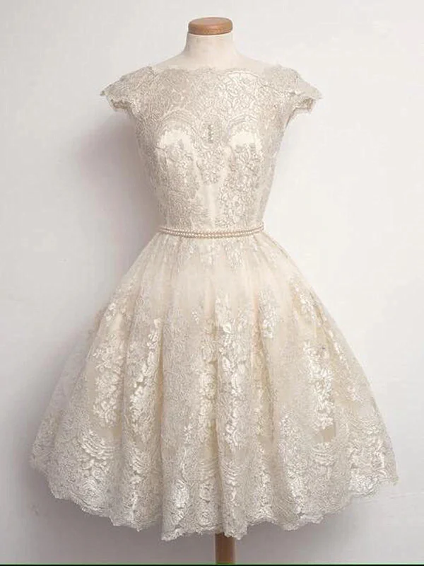 Custom Made Round Neck Cap Sleeves Short Ivory Lace Prom Dress, Short Lace Formal Dresses, Graduation Dress