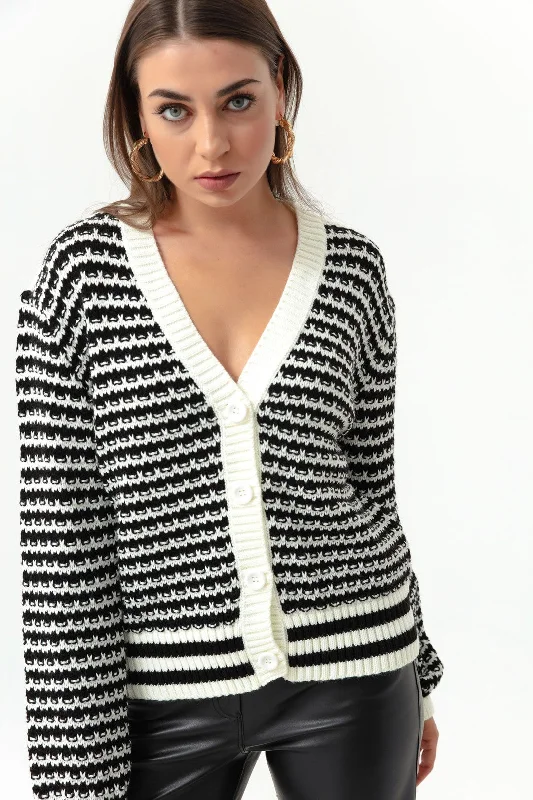 Female Striped Button Detailed Overwhelm Knitwear Cardigan Velvet Chenille Corduroy