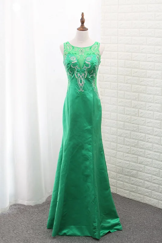 Scoop Satin Mermaid Prom Dresses With Embroidery Floor Length