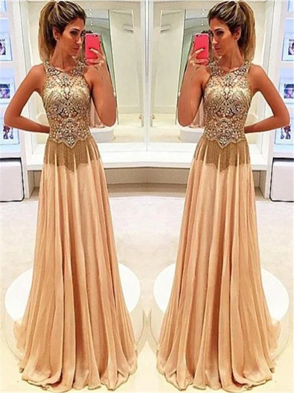 A Line Round Neck Sleeveless Beading Champagne Prom Dress with Sweep Train, Sweep Train Beaded Formal Dress