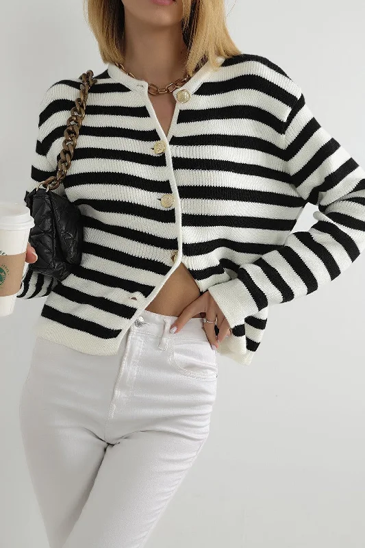 Female Striped Bike Collar Homeland Gold Button Detailed Knitwear Cardigan Thin Thick Dense