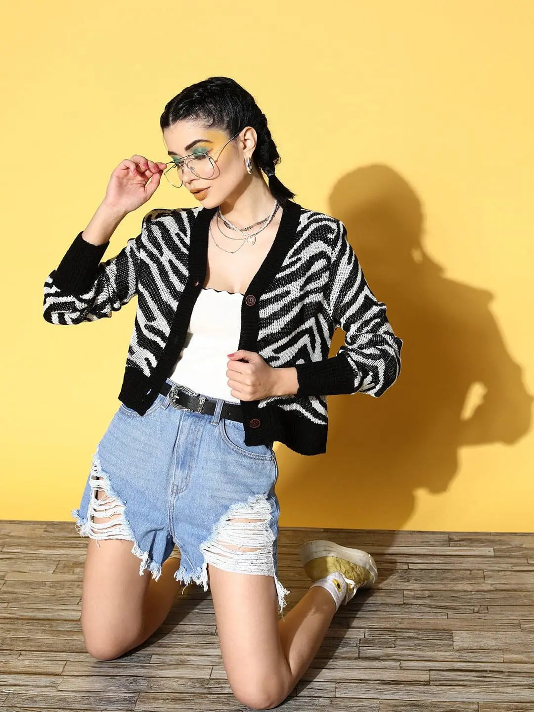 Women Black Animal Print Front Open Wool Cardigan Solid Color Striped Floral Print