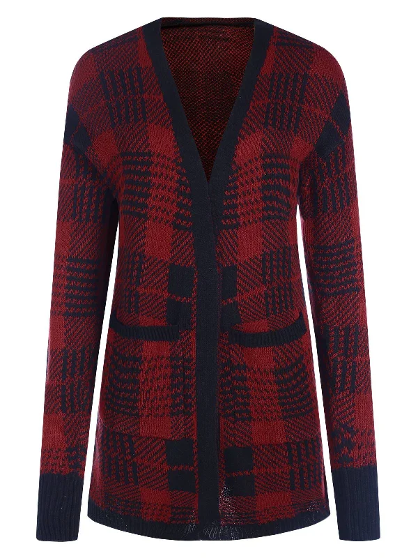 Red 1950s Pockets Plaid Knitted Cardigan Terry Blend Velvet Blend Canvas Blend