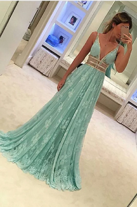 Soft Lace Evening Dresses A-Line V-Neck Floor-Length With Beading
