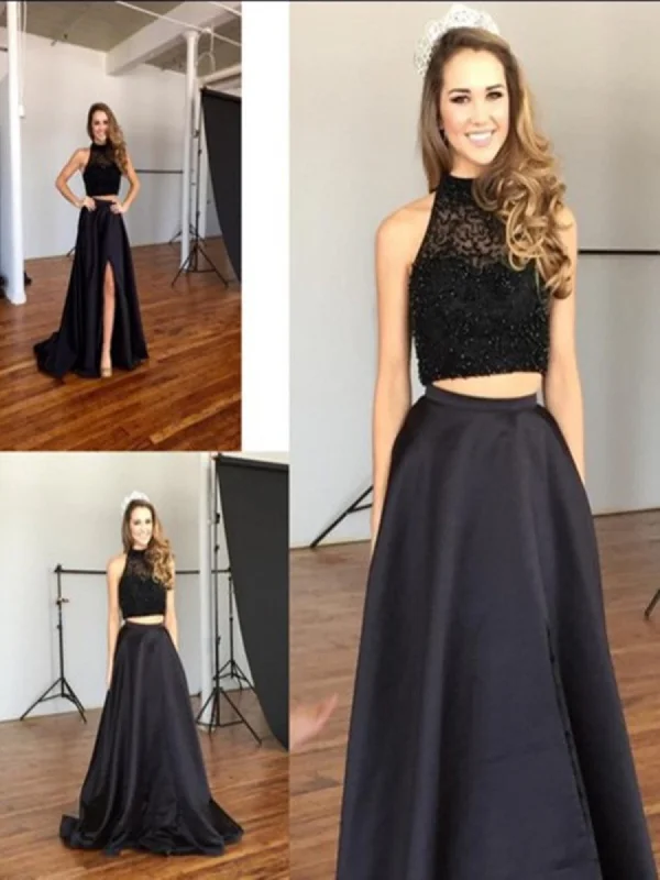 Custom Made A Line 2 Pieces Black Long Prom Dresses, 2 Pieces Black Long Formal Dress Custom Made A Line 2 Pieces Black Long Prom Dresses, 2 Pieces Black Long Formal Dress