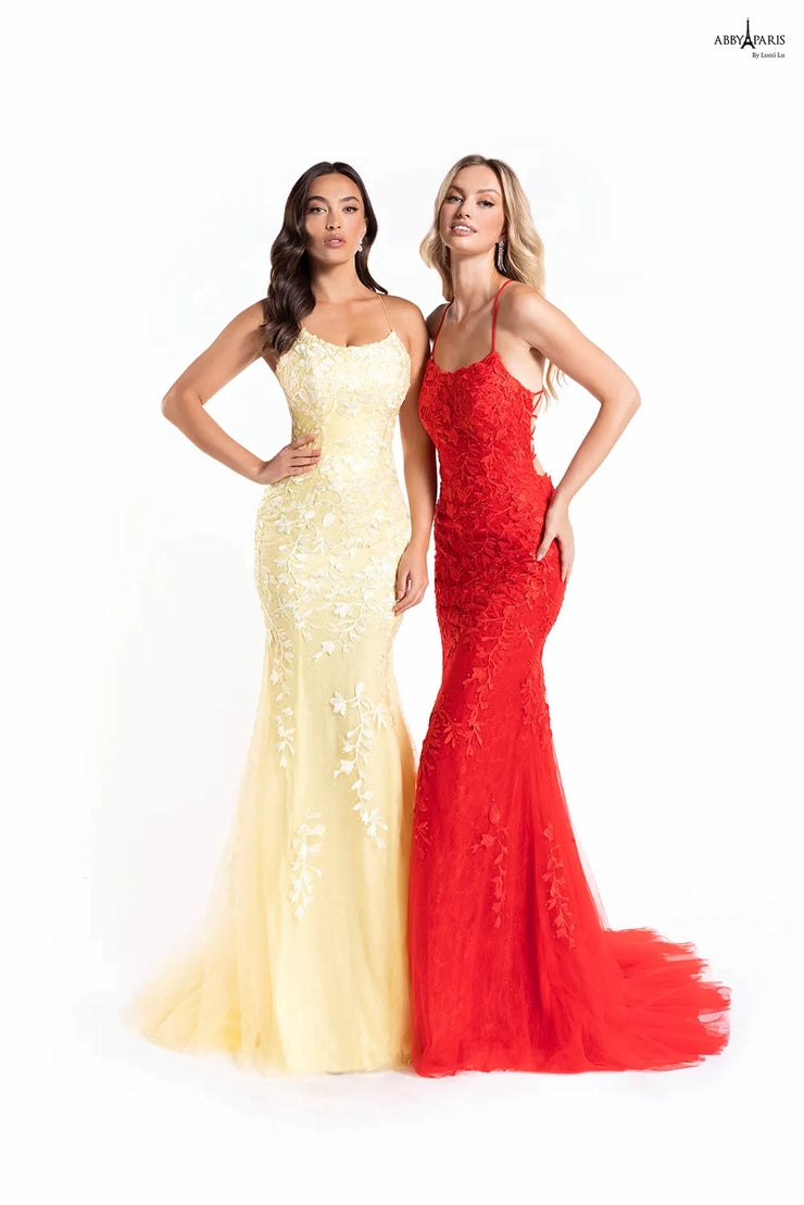 Abby Paris 90171 Fit And Flare Lace Up Back Embroidered Tulle Long Prom dress