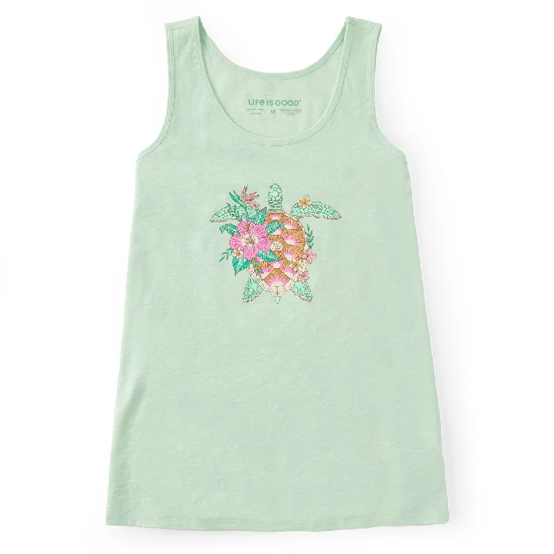 Life is Good. Women's Fine Line Tropical Floral Turtle Textured Slub Tank, Sage Green breathable tank top
