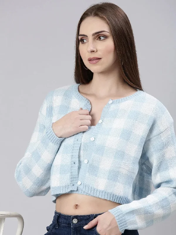 Women Blue Checked Cardigan-CHN-37922-Blue Patchwork Embroidered Appliqued