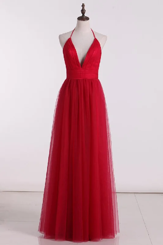 Spaghetti Straps A Line With Slit Evening Dresses Tulle