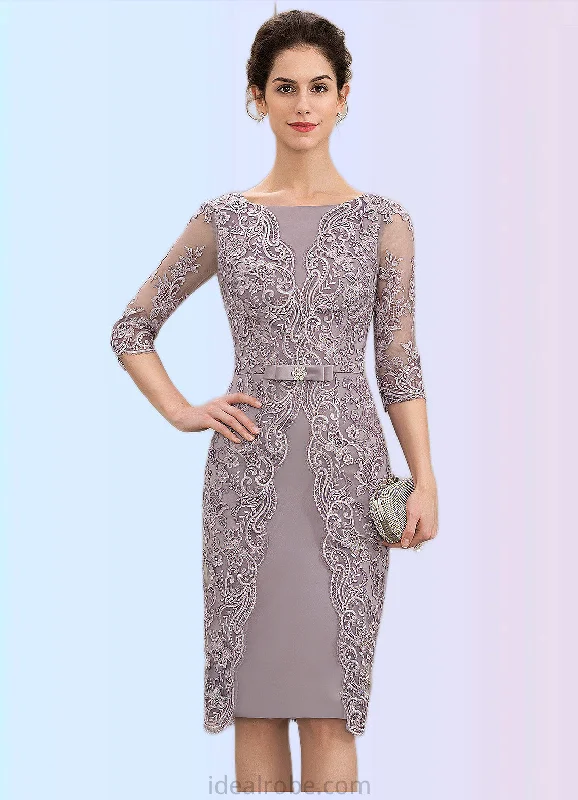 Nellie Sheath/Column Scoop Neck Knee-Length Satin Lace Mother of the Bride Dress With Beading Bow(s) STK126P0014727 Nellie Sheath/Column Scoop Neck Knee-Length Satin Lace Mother of the Bride Dress With Beading Bow(s) STK126P0014727