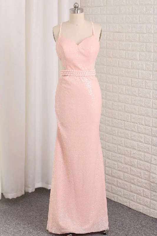 Shiny Sexy Sheath Sequins Spaghetti Straps Prom Dresses With Beads Floor Length Open Back
