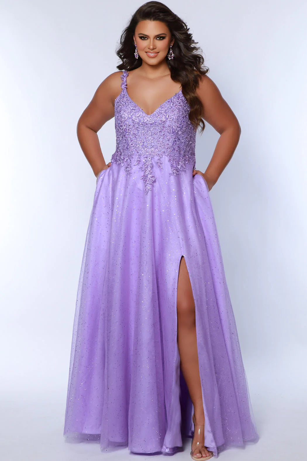 Sydneys Closet SC7384 Long Prom Dress Plus Size V Neck A-Line Tulle Scoop Back Slit Pockets Formal Gown Pageant