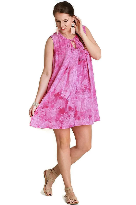Tie Dye Sleeveless Keyhole Dress, Fuchsia
