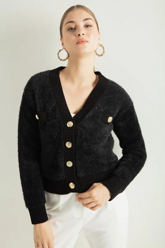 Woman Bearded Gold Button Knitwear Cardigan Front Pockets Side Pockets Patch Pockets Woman Bearded Gold Button Knitwear Cardigan Front Pockets Side Pockets Patch Pockets