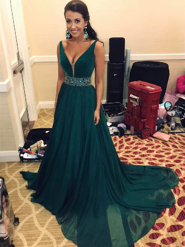 Dark Teal V Neck Prom Dress with Beaded Waistband, Dark Green Sleeveless Formal Dress Dark Teal V Neck Prom Dress with Beaded Waistband, Dark Green Sleeveless Formal Dress