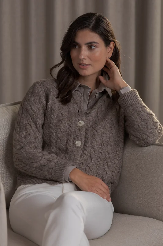 Vivianna Cable Knit Wool Cashmere Blend Cardigan Nougat Solid Color Striped Floral Print