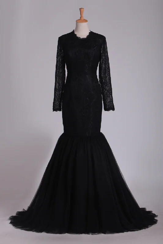 Sexy Open Back Scoop Mermaid Evening Dresses Long Sleeves Tulle & Lace