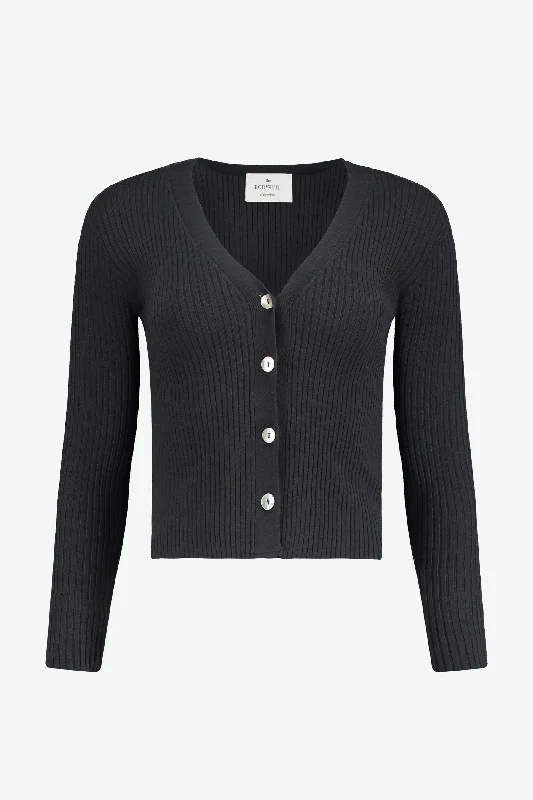 Lima Cardigan Ebano Black Real Fur Shearling Chenille