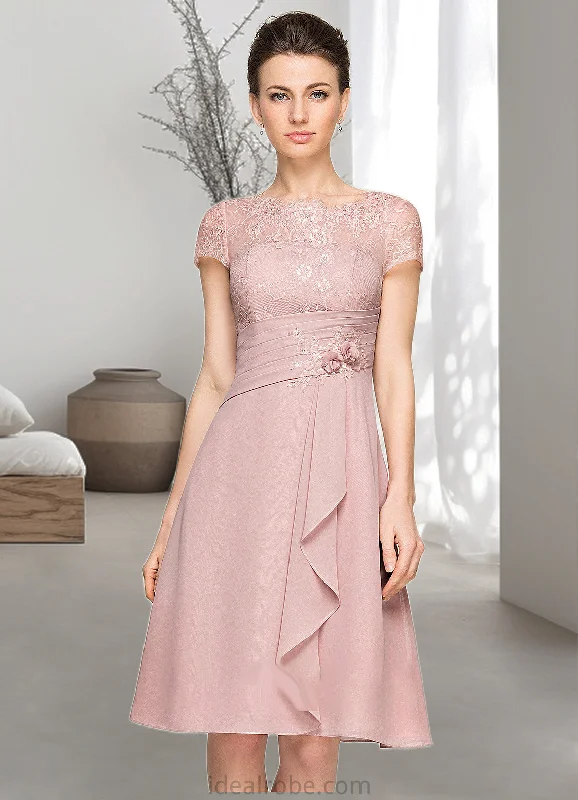Ellie A-Line Scoop Neck Knee-Length Chiffon Lace Mother of the Bride Dress With Beading Flower(s) Sequins Cascading Ruffles STK126P0014704 Ellie A-Line Scoop Neck Knee-Length Chiffon Lace Mother of the Bride Dress With Beading Flower(s) Sequins Cascading Ruffles STK126P0014704