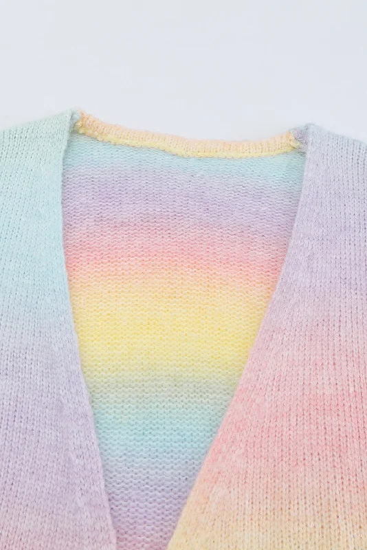 Rainbow Tie-Dye Knit Cardigan Front Pockets Side Pockets Patch Pockets