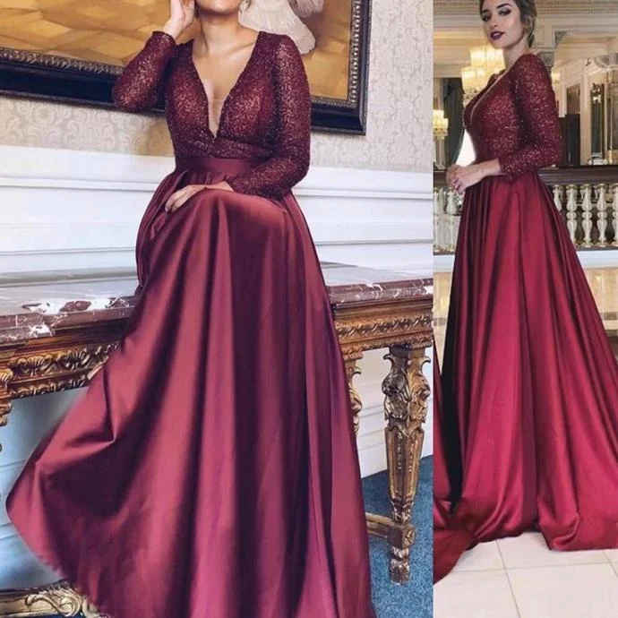 burgundy prom dresses 2020 deep v neck sequins satin red long sleeve evening dresses cg13803 burgundy prom dresses 2020 deep v neck sequins satin red long sleeve evening dresses cg13803