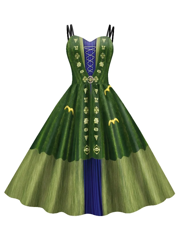 Green 1950s Halloween Double Straps Patchwork Dress
