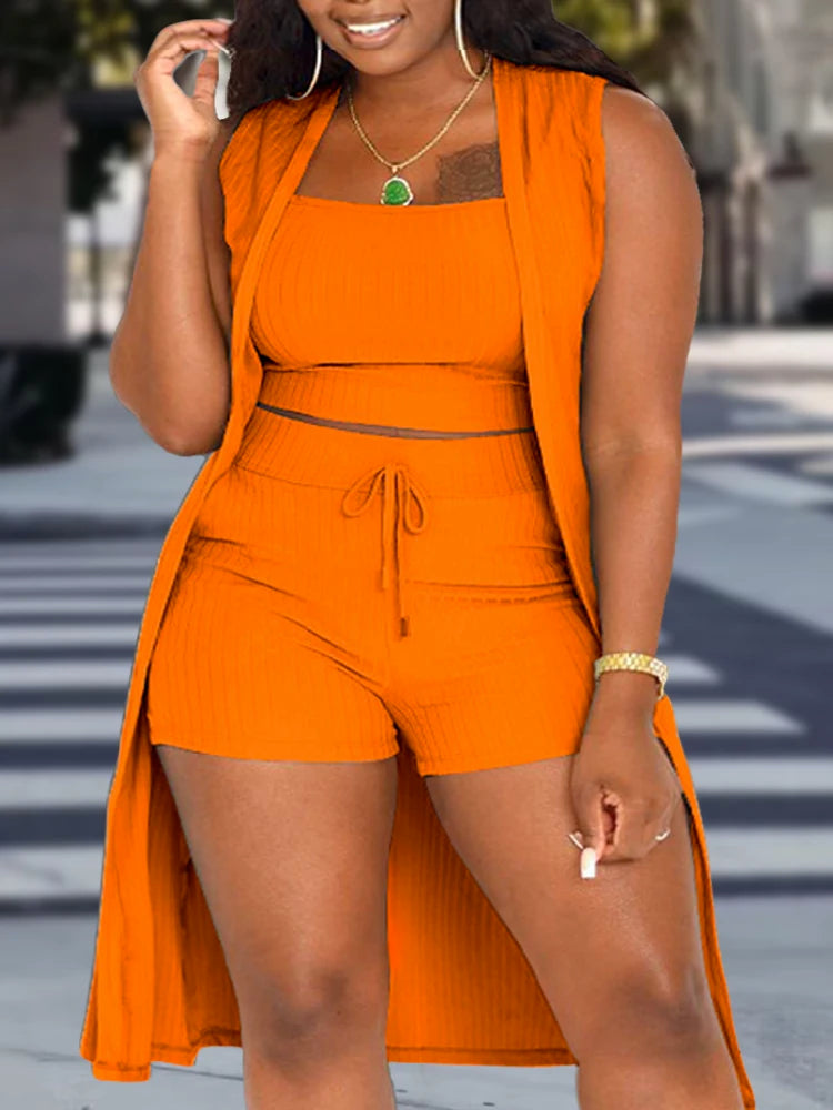 HQ Plus Size Three Piece Set - Cardigan, Tank Top, & Shorts Thin Thick Dense