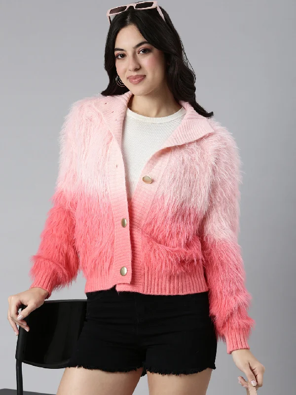 Women Colourblocked Peach Cardigan-CHN-399-Peach Spandex Rayon Corduroy