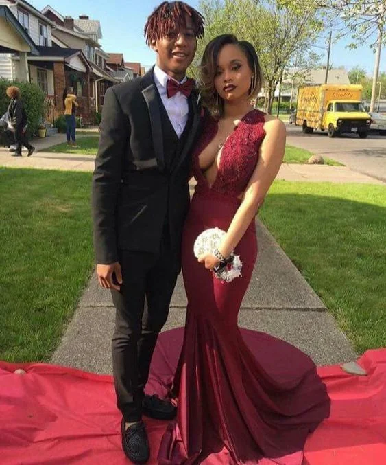Burgundy Prom Dress,Appliques Prom Dress,V Neck Prom Dress,Long Mermaid Prom Dress,Teens Prom Dress  cg8197