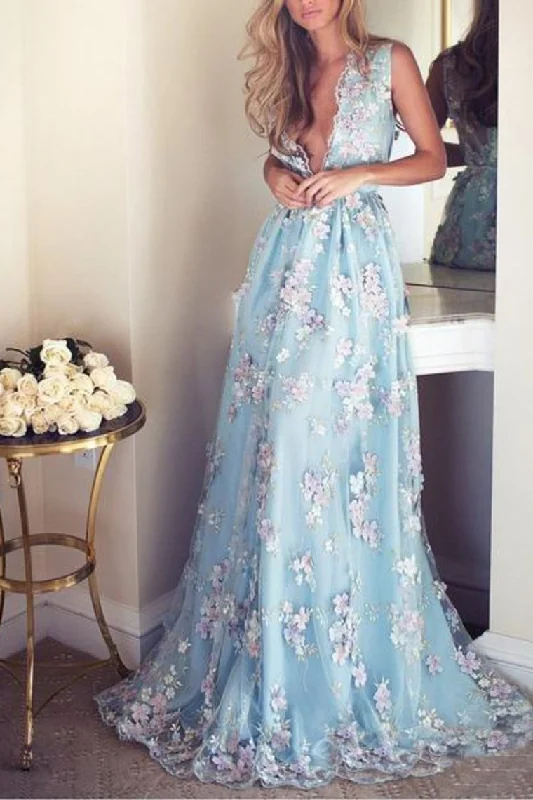 Sky Blue Prom Dresses See Through Embroidery Formal Dress Evening Dress