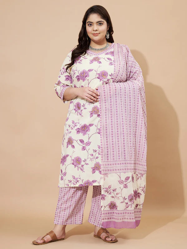 [ Ready SG Stock ] Plus Size Purple with Golden hue Floral Printed Straight cut 3 Pcs Cotton Punjabi Suit with Dupatta [ Indian Dresses ]