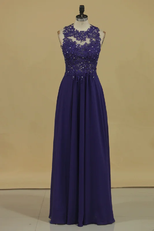 Scoop With Applique And Beads Chiffon Prom Dresses A Line Sweep Train