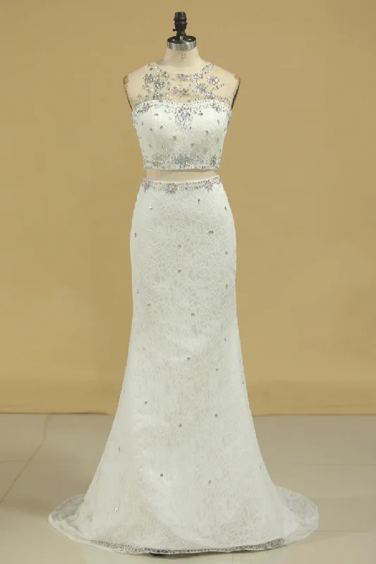 Scoop Two-Piece Lace With Beading Prom Dresses Mermaid