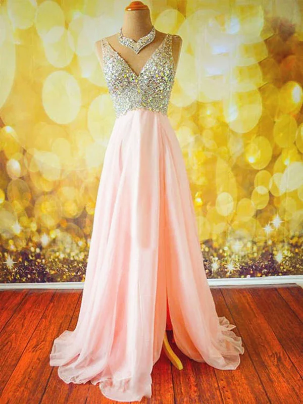 Pink A Line V Neck Sleeveless Long Prom Dresses, Pink V Neck Formal Dresses, Evening Dresses