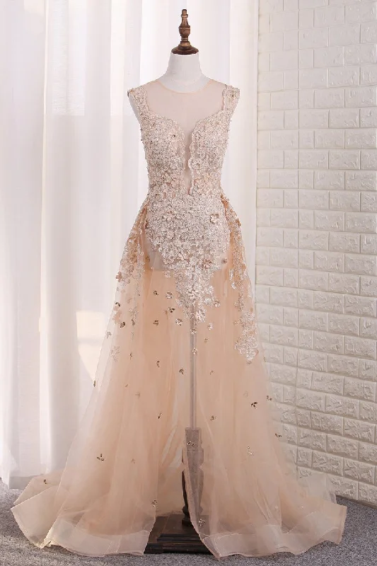Sexy See-Through Sheath Scoop Prom Dresses Tulle With Applique And Slit