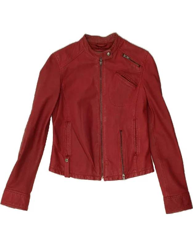 KENVELO Womens Crop Leather Jacket EU 36 Small Red Leather