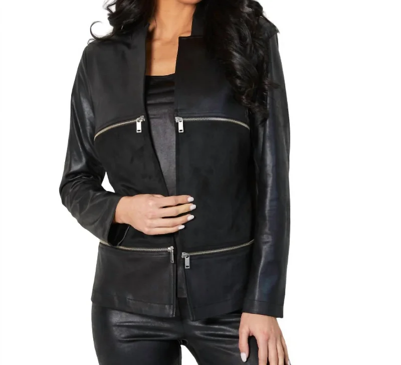 Vegan Leather/suede Zip Jacket In Black