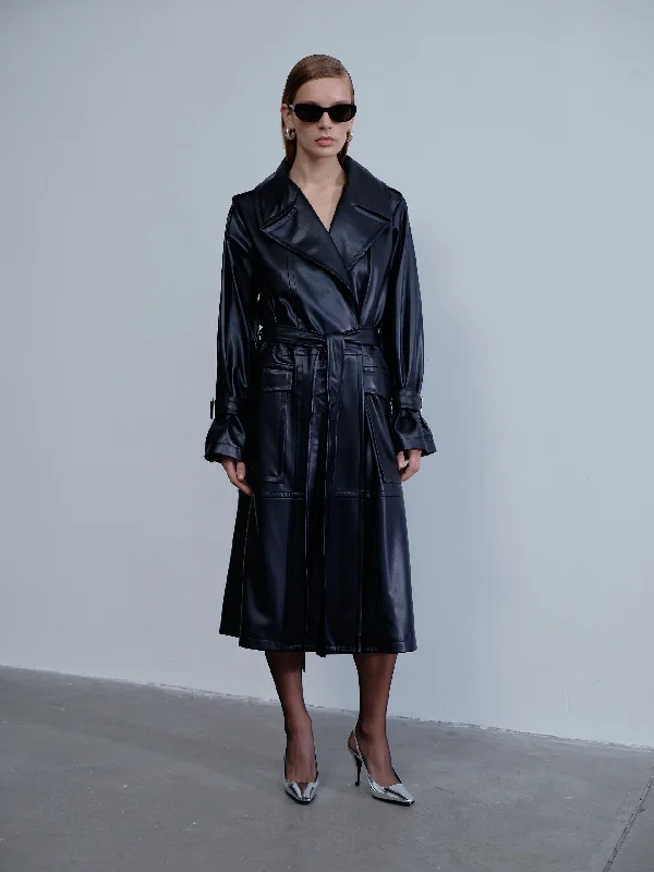 Cecile Vegan Leather Trenchcoat in Noire