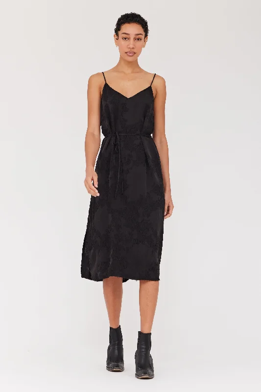 Silk Jacquard Black Lily Midi Dress