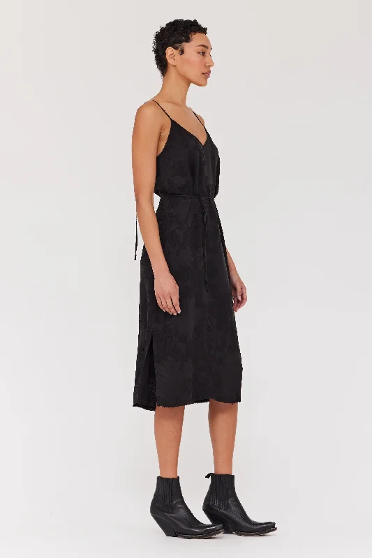 Silk Jacquard Black Lily Midi Dress