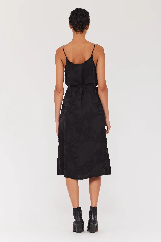 Silk Jacquard Black Lily Midi Dress